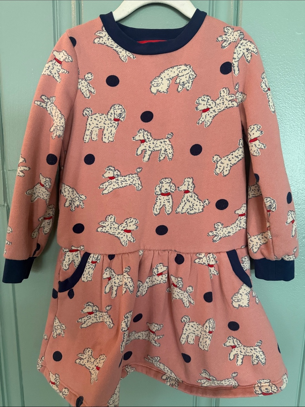 Boden Pink Poodle Print Long-Sleeve Dress with Navy Trim